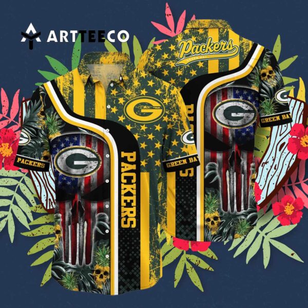 Green Bay Packers Us Flag Skull Pattern Hawaiian Shirt 3
