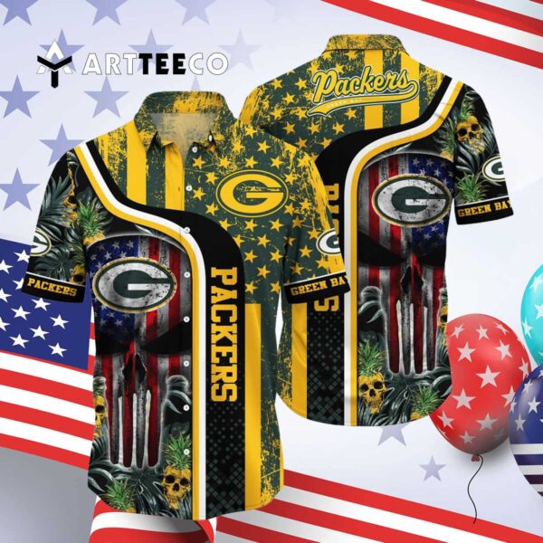 Green Bay Packers Us Flag Skull Pattern Hawaiian Shirt 4