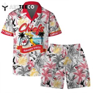 Kansas City Chiefs Team Logo Pattern Parrot Beach Hawaiian Shirt and Shorts Set
