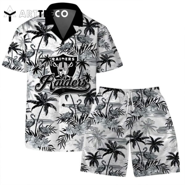 Las Vegas Raiders Team Logo Pattern Flamingo Hibiscus Hawaiian Shirt and Shorts Set