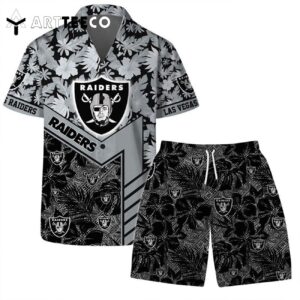 Las Vegas Raiders Team Logo Pattern Hibiscus Flower Hawaiian Shirt and Shorts Set