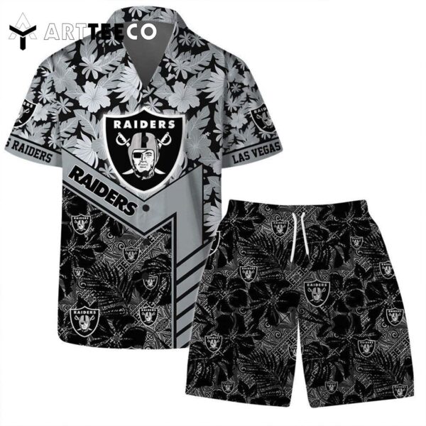 Las Vegas Raiders Team Logo Pattern Hibiscus Flower Hawaiian Shirt and Shorts Set