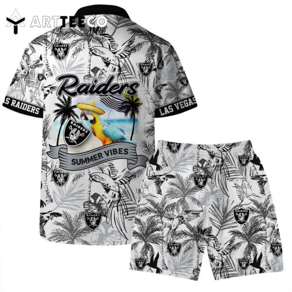 Las Vegas Raiders Team Logo Pattern Parrot Beach Hawaiian Shirt and Shorts Set