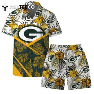 Lets Go Green Bay Packers Team Logo Pattern Hawaiian Shirt and Shorts Set