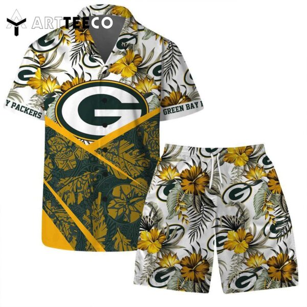 Lets Go Green Bay Packers Team Logo Pattern Hawaiian Shirt and Shorts Set