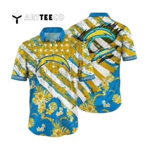 Los Angeles Chargers Gold Flowers Blue Hawaiian Shirt 1