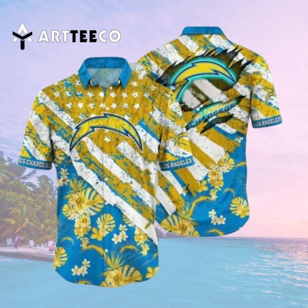 Los Angeles Chargers Gold Flowers Blue Hawaiian Shirt 2
