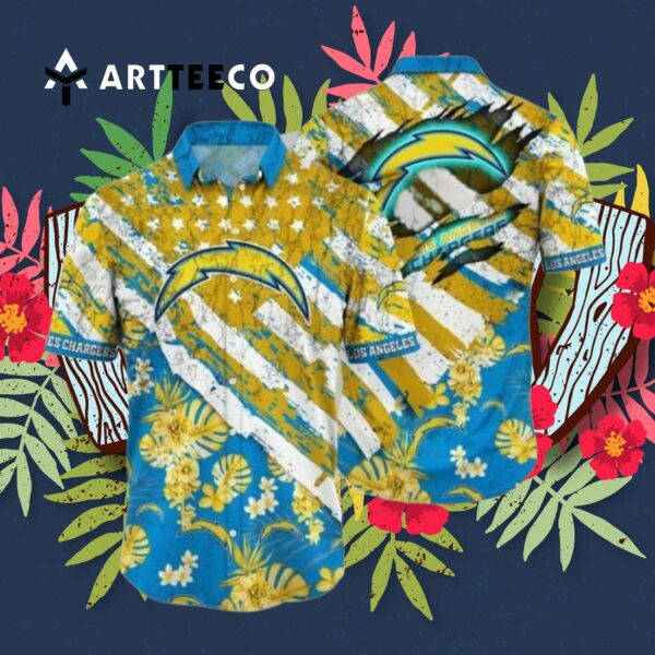 Los Angeles Chargers Gold Flowers Blue Hawaiian Shirt 3