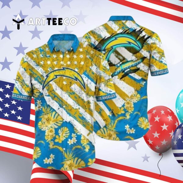 Los Angeles Chargers Gold Flowers Blue Hawaiian Shirt 4