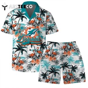 Miami Dolphins Team Logo Pattern Flamingo Hibiscus Hawaiian Shirt and Shorts Set