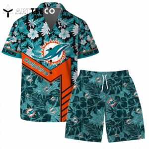 Miami Dolphins Team Logo Pattern Hibiscus Flower Hawaiian Shirt and Shorts Set