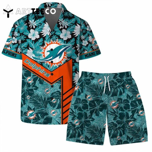 Miami Dolphins Team Logo Pattern Hibiscus Flower Hawaiian Shirt and Shorts Set