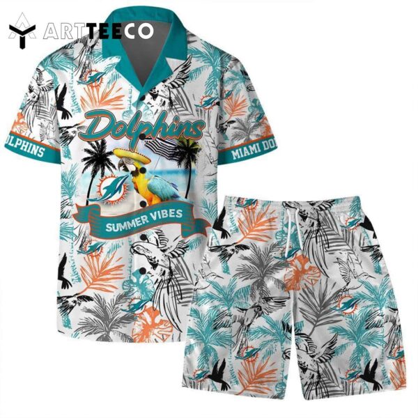 Miami Dolphins Team Logo Pattern Parrot Beach Hawaiian Shirt and Shorts Set