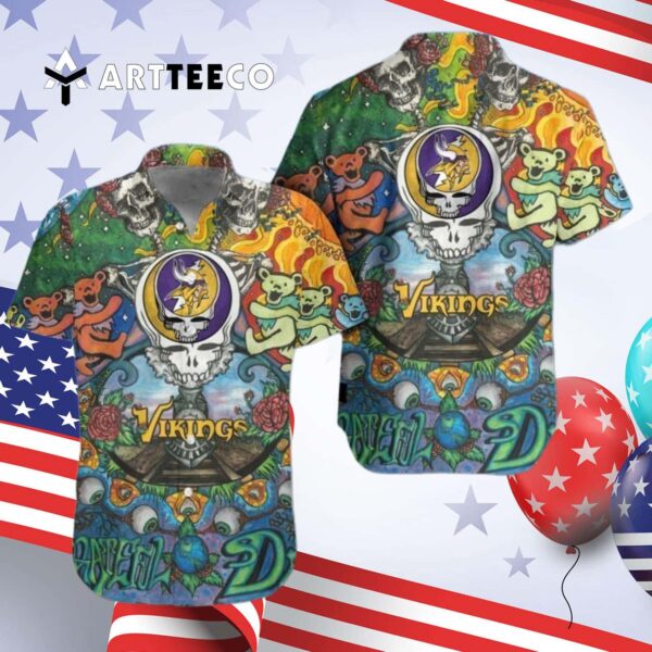 Minnesota Vikings Grateful Dead Colorful Hawaiian Shirt 4