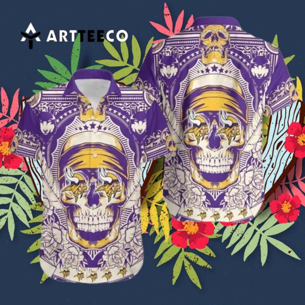 Minnesota Vikings Skull Aloha Pattern Hawaiian Shirt 3