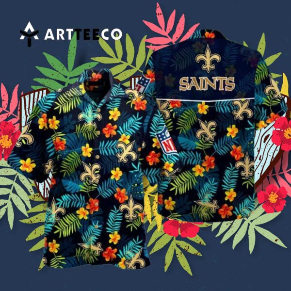 New Orleans Saints Tropical Leaves Pattern Hawaiian Shirt 3