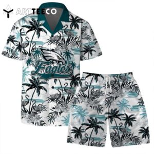 Philadelphia Eagles Team Logo Pattern Flamingo Hibiscus Hawaiian Shirt and Shorts Set