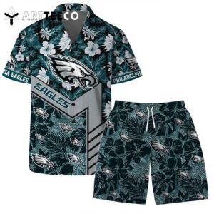 Philadelphia Eagles Team Logo Pattern Hibiscus Flower Hawaiian Shirt and Shorts Set