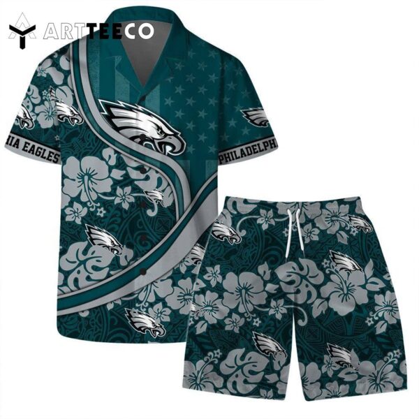 Philadelphia Eagles Team Logo Pattern Us Flag Hawaiian Shirt and Shorts Set