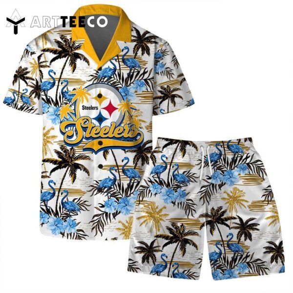 Pittsburgh Steelers Team Logo Pattern Flamingo Hibiscus Hawaiian Shirt and Shorts Set