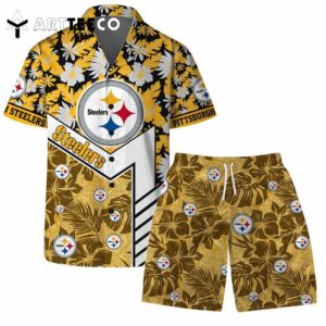 Pittsburgh Steelers Team Logo Pattern Hibiscus Flower Hawaiian Shirt and Shorts Set