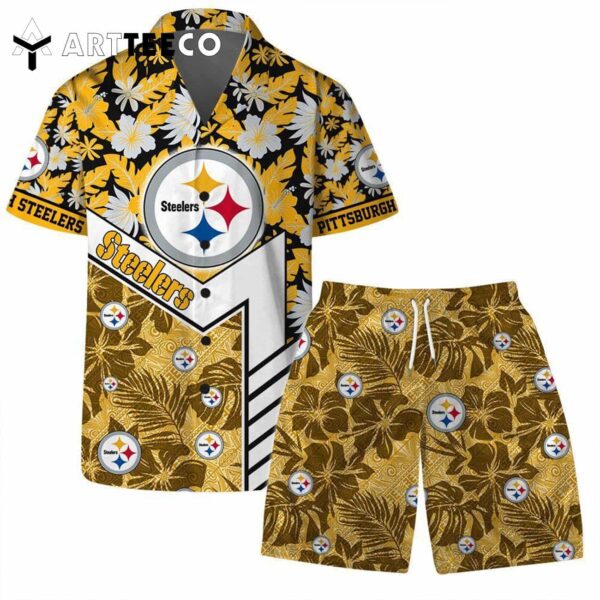 Pittsburgh Steelers Team Logo Pattern Hibiscus Flower Hawaiian Shirt and Shorts Set