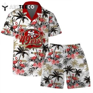 San Francisco 49ers Team Logo Pattern Flamingo Hibiscus Hawaiian Shirt and Shorts Set