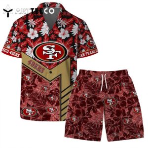 San Francisco 49ers Team Logo Pattern Hibiscus Flower Hawaiian Shirt and Shorts Set
