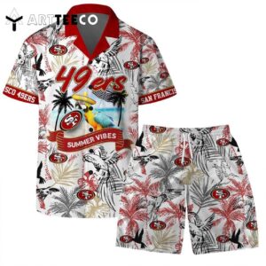 San Francisco 49ers Team Logo Pattern Parrot Beach Hawaiian Shirt and Shorts Set