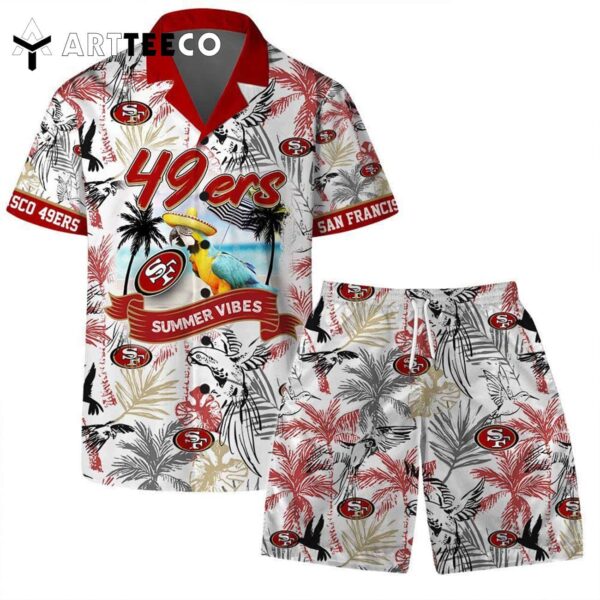 San Francisco 49ers Team Logo Pattern Parrot Beach Hawaiian Shirt and Shorts Set