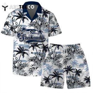 Seattle Seahawks Team Logo Pattern Flamingo Hibiscus Hawaiian Shirt and Shorts Set