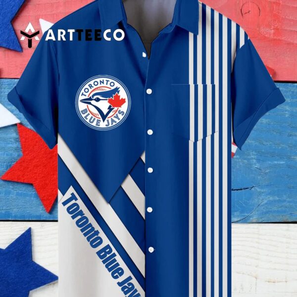 Toronto Blue Jays Baseball Classic Team Logo Stripe Stand Collar With Pocket Hawaiian Shirt 4