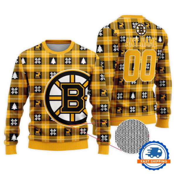 Boston Bruins Personalized Snow Tree Christmas Ugly Sweater