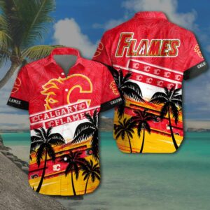 Calgary Flames Sunset Palms Hawaiian Shirt