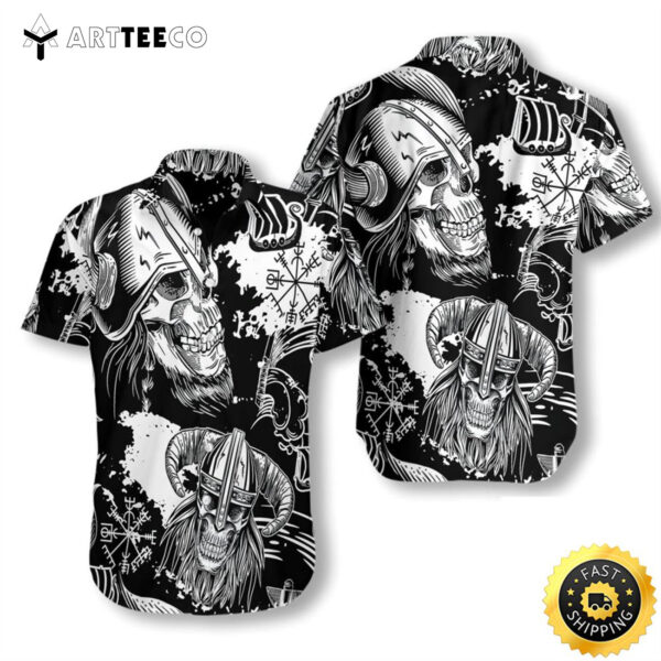 Seamless Pattern Skull In Viking Helmets Happy Fathers Day Hawaiian Shirt
